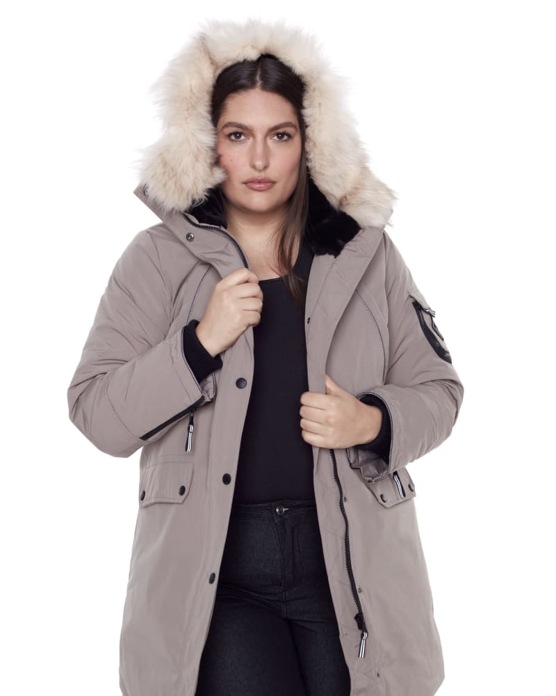 Front of a model wearing a size 3X LAURENTIAN | Vegan Down Recycled Long Parka Winter With Faux Fur Hood in Taupe by Alpine North. | dia_product_style_image_id:325601